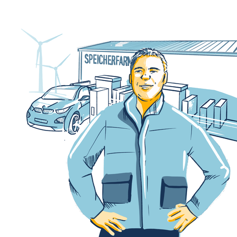 Illustration von einem Mann mit blauer Jacke, im Hintergrund sind Windräder, eine E-Auto und ein Gebäude mit dem Schriftzug "Speicherfarm" zu sehen