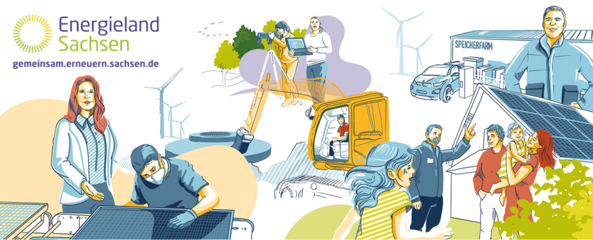 Illustration zur Kampagne »Energieland Sachsen – gemeinsam erneuern!«:. Es werden Technologien der erneuerbaren Energien wie Solar und Windkraft dargestellt.