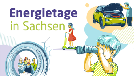 Illustration mit dem Text »Energietage in Sachsen«, darauf ist ein Kind auf einem Roller, ein Kind mit Fernglas, eine Person an einem E-Auto und Windräder zu sehen.