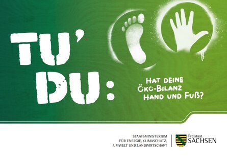 Titelblatt mit dem Text »Tu' Du: Hat Deine Öko-Bilanz Hand und Fuß?« auf grünem Untergrund, daneben die Illustration von einem Fußabdruck und einem Handabdruck.