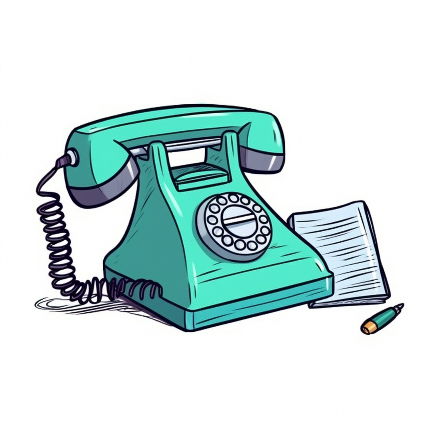 Illustration mit einem türkisen Telefon und einem Brief mit Stift.