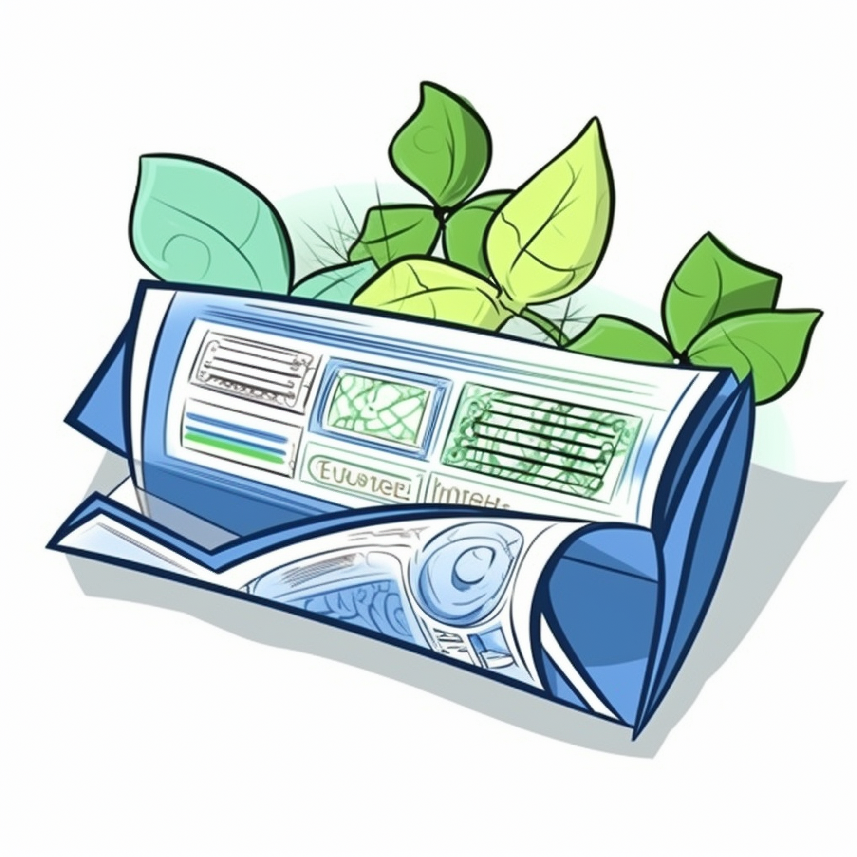 Illustration einer Zeitung, dahinter grüne Pflanzenblätter