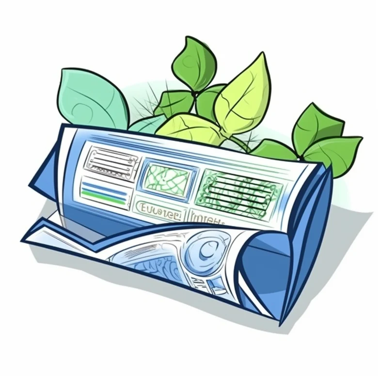 Illustration einer Zeitung, dahinter grüne Pflanzenblätter