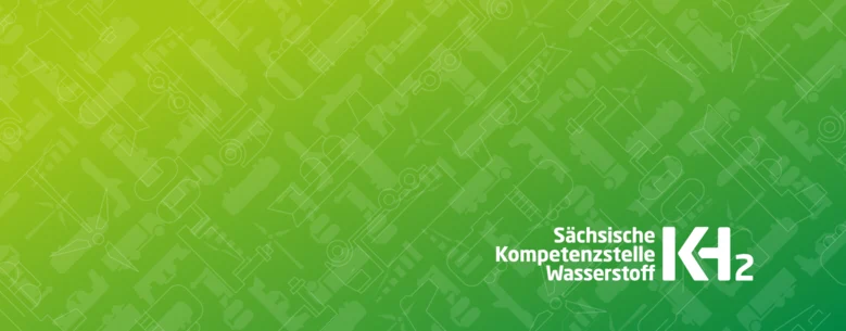 KH2 – Sächsische Kompetenzstelle Wasserstoff. Logo mit Text auf grünem Farbverlauf und Piktogrammen