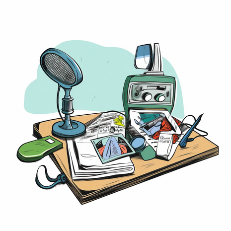 Illustration eines Schreibtisches mit Mikrofon, Fotografien, Kamera und Aufzeichnungsgeräten