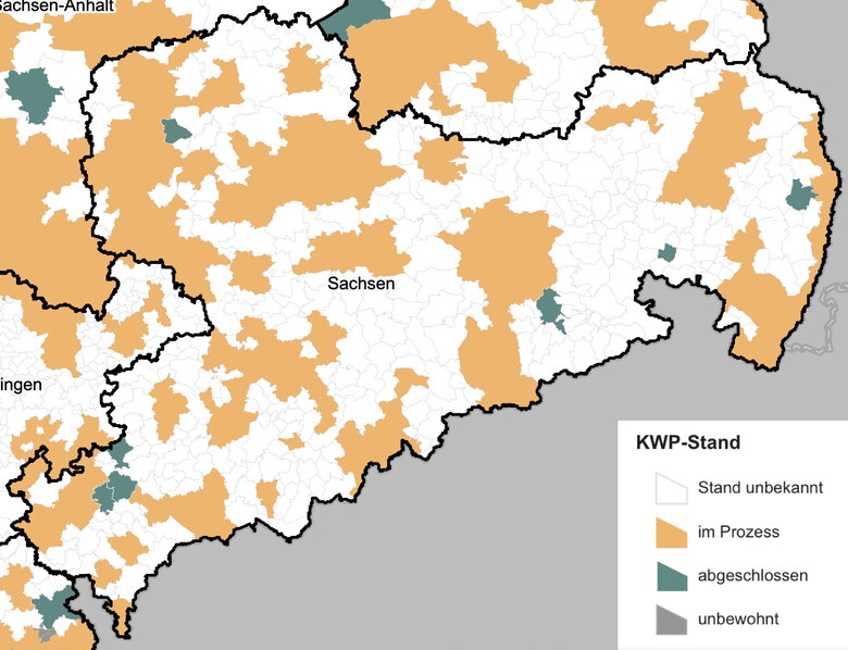 Gezeigt wird der aktuelle Bearbeitungsstand der Wärmeplanung in den Kommunen des Freistaats Sachsen
