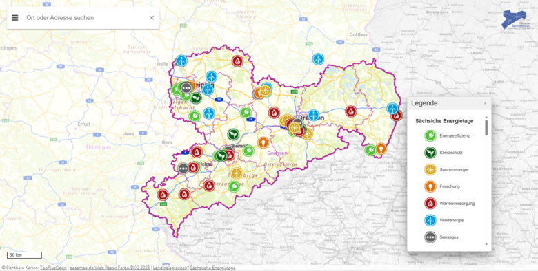 Übersichtskarte der Veranstaltungen der Sächsischen Energietage 2025.