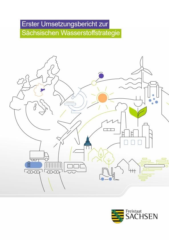 Titelseite des Umsetzungsbericht Wasserstoffstrategie Sachsen mit Titel, Piktografien und dem Logo des Freistaates Sachsen