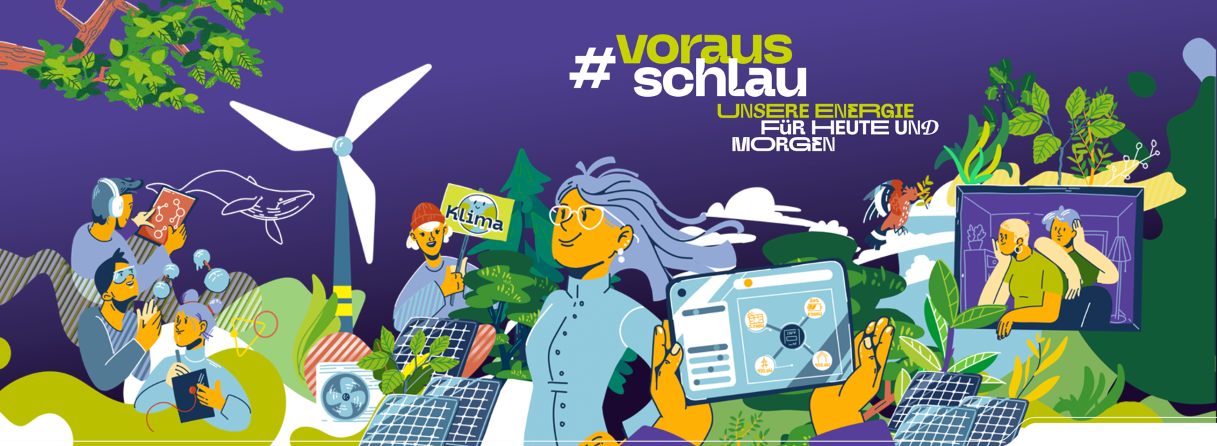 Vorausschlau – Voller Energie, aber wie?: Titelbild für die Infoseite. Eine Collage mit mehreren jungen Personen, Pflanzen, Tieren, einem Windrad und Solarpanelen.