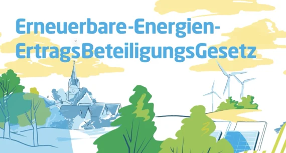 Titelbild zum Film Erneuerbare-Energien-ErtragsBeteiligungsGesetz mit Windrädern und Solarmodulen neben einer Stadt.