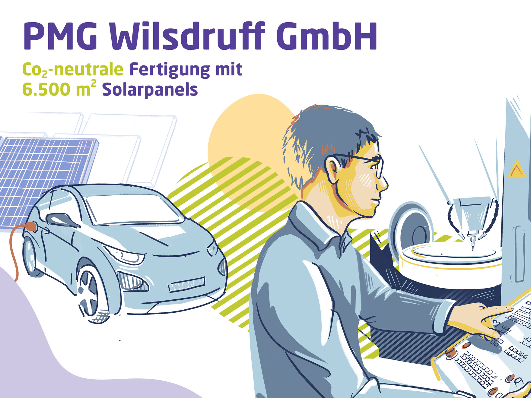 Solaranlage im Unternehmen: Illustration einer Person am PC, dahinter ein Elektro-Auto und mehrere Freiflächen-Solaranlagen