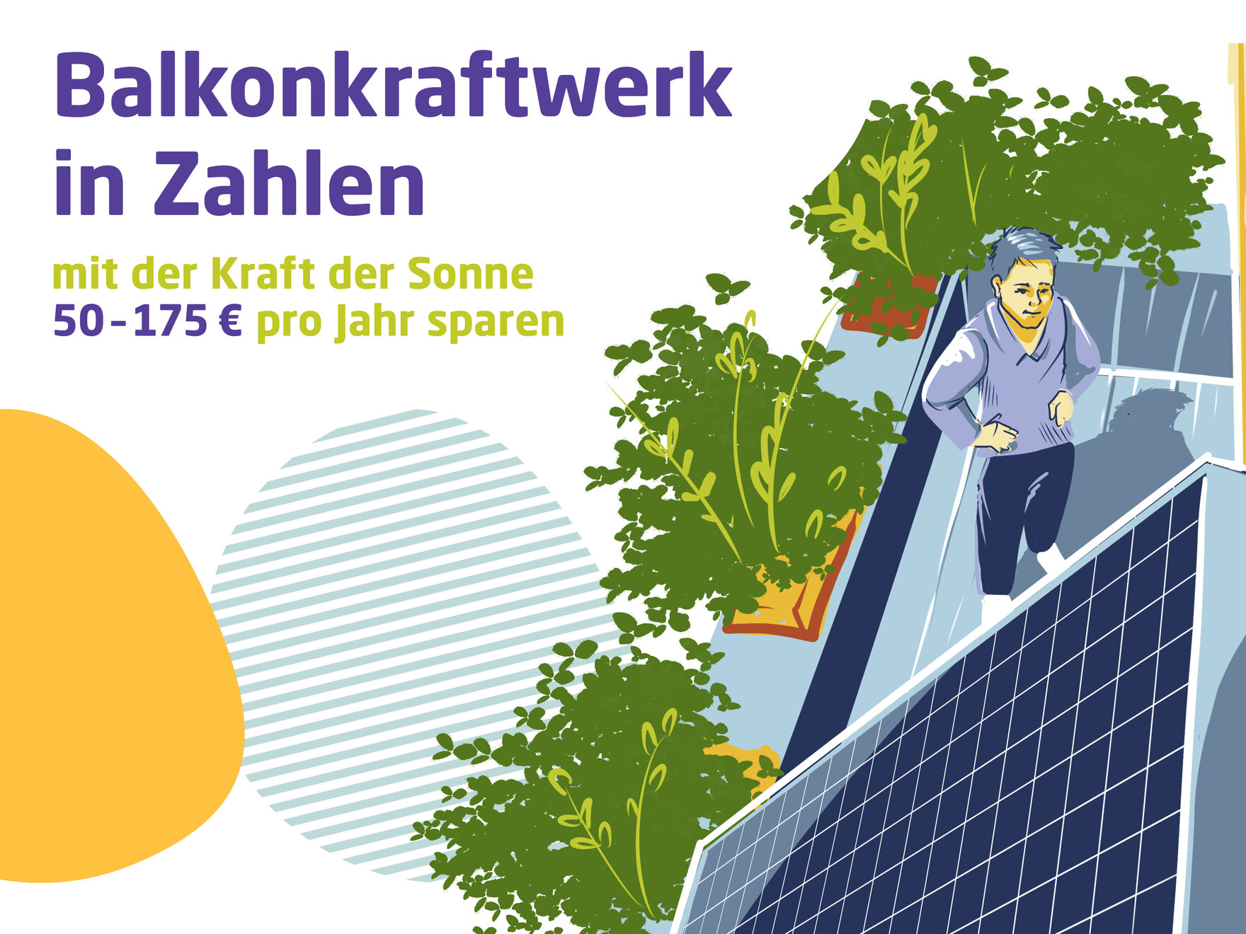 Balkonkraftwerk: Illustration mit Stecker-Solaranlage an einem Haus und einer Person