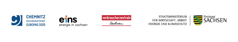 Logos Chemnitz Kulturhauptstadt Europas 2025, eins energie in sachsen, Verbraucherzentrale Sachsen sowie Sächsisches Staatsministerium für Wirtschaft, Arbeit, Energie und Klimaschutz