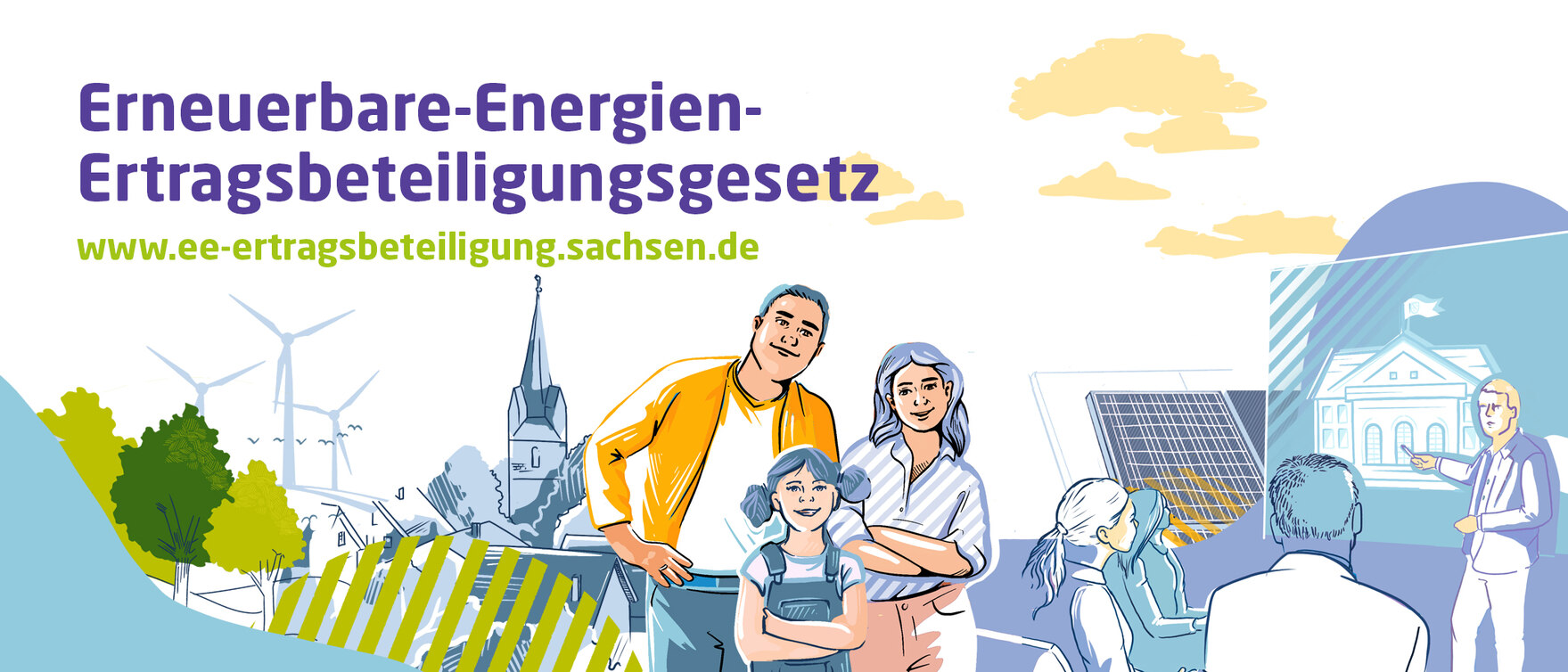 Erneuerbare-Energien-Ertragsbeteiligungsgesetz Sachsen: Schriftzug und Illustrationen von einer Familie, einer Stadt, und Personen in einer Besprechung