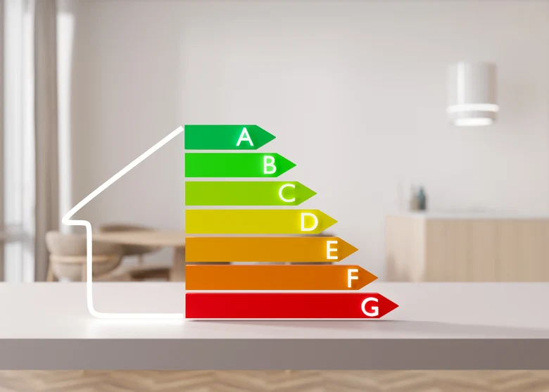 Energieeffizienz-Bewertungstabelle und Inneneinrichtung.